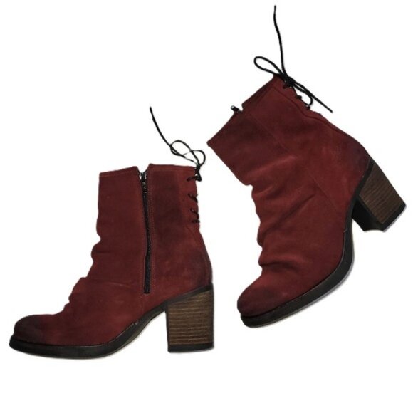 BOS & CO Barlow Suede Lace Up Back Heeled Booties Burgundy Red Size 39EU - Picture 1 of 10